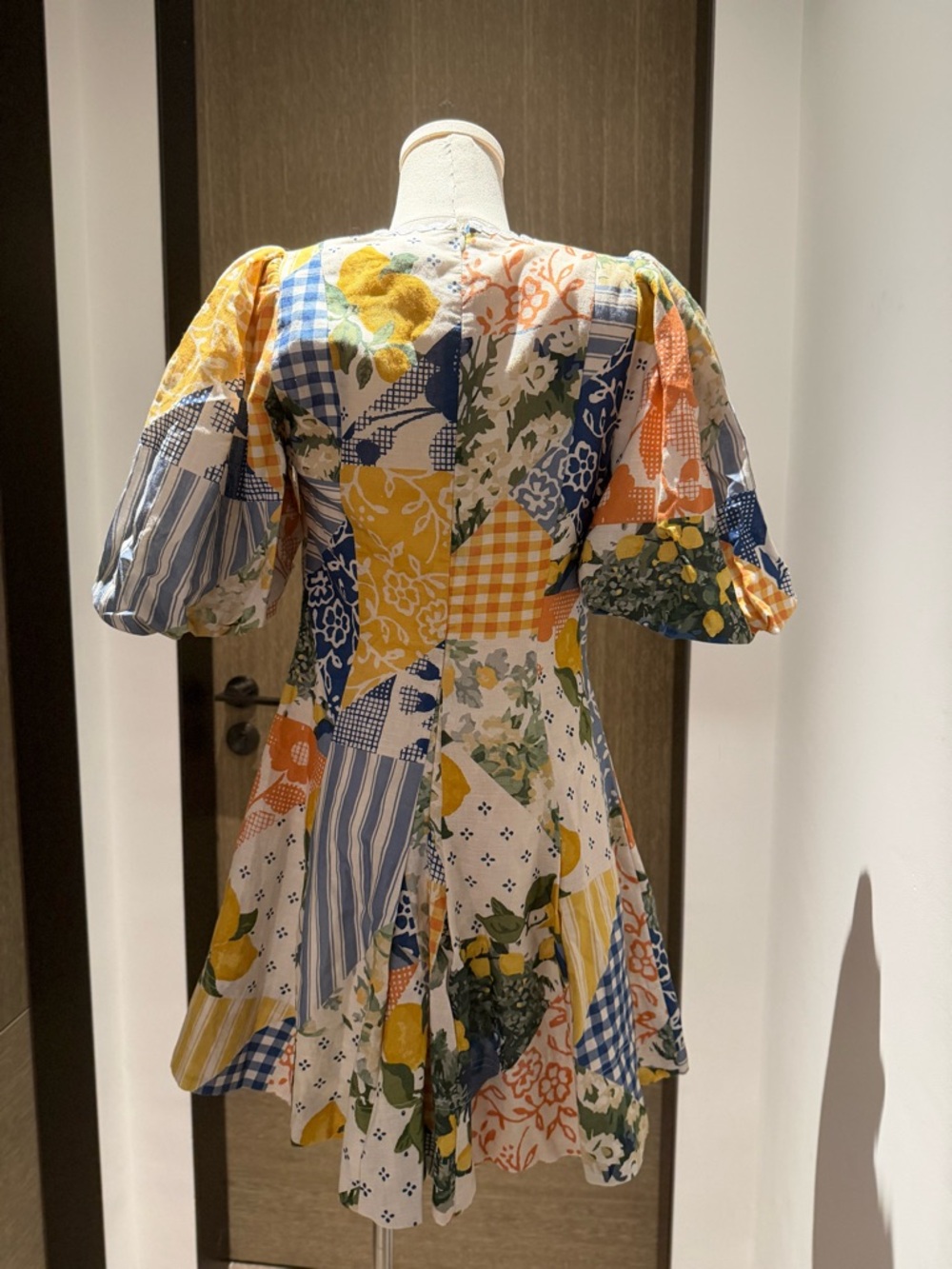 Patchwork V-Neck Puff Sleeve Mini Dress in Yellow & Blue - Picture 3 of 12
